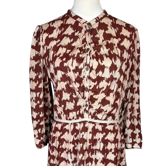Burberry Brit 12 100% Silk Brown Tan Houndstooth 3/4 Sleeve Button Mini Dress - Picture 4 of 13